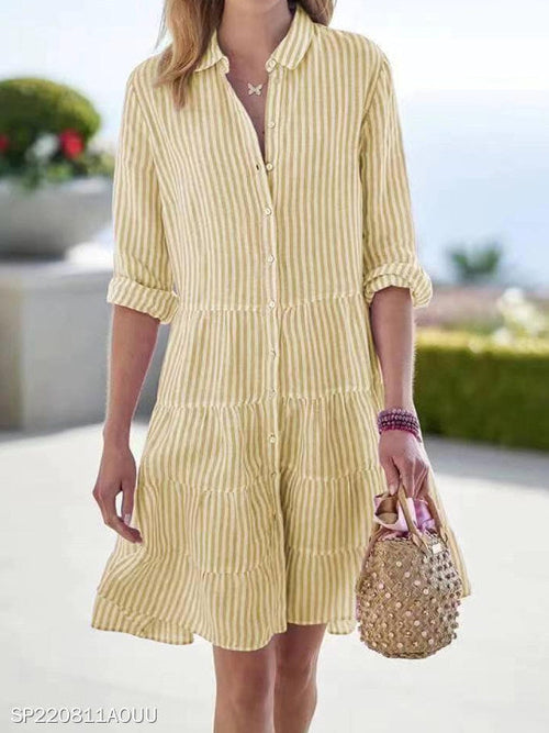 Ins Striped Long-sleeved Shirt Dress Fashion Lapel Button Dresses For