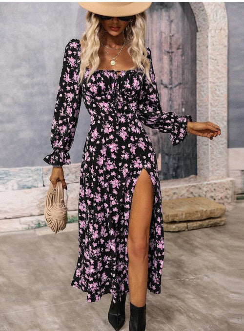 Flowers Printing Long Sleeve Dress Fashion Square-neck Bottom Slit