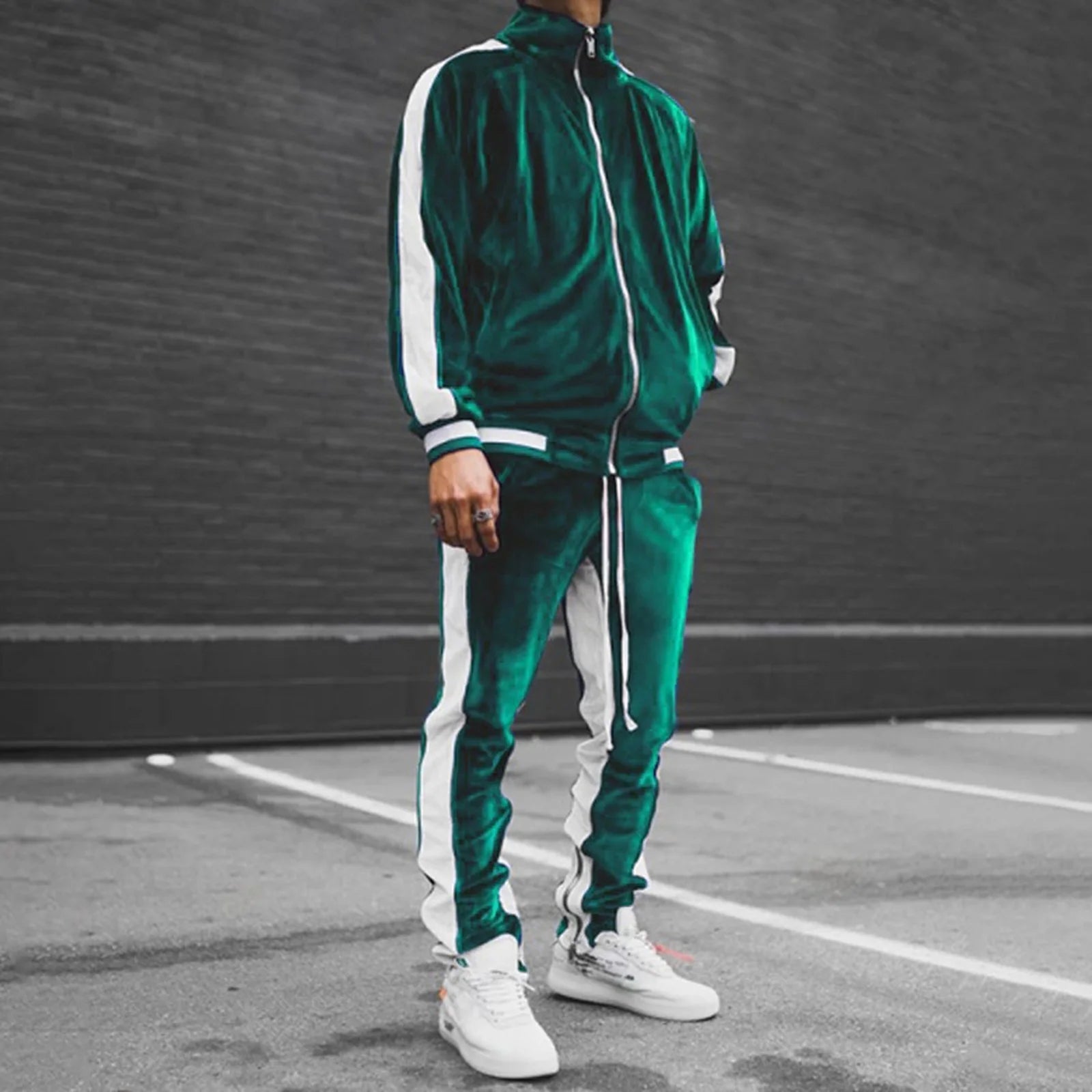 Men'S 2 Piece Sports Outfits Soft Velvet Tracksuit Color Block Casual Zip up Jacket and Sweatpant Sets