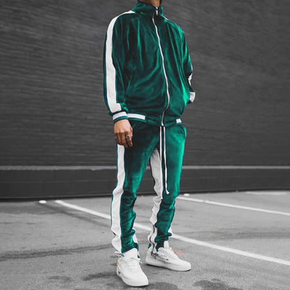Men'S 2 Piece Sports Outfits Soft Velvet Tracksuit Color Block Casual Zip up Jacket and Sweatpant Sets