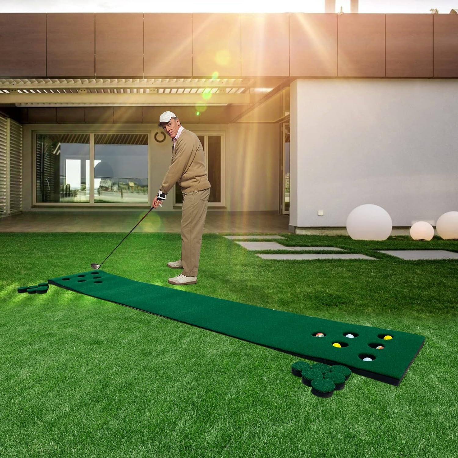 Golf Putting Green Mat, Home Golf Putting Mats, Foldable Golf Mat Golf Training Aid Practice Mat, Golf Putting Game Set with 6 Golf Balls 12 Hole Covers, Golf Gifts, 9.84Ft X 1.64Ft (Flannelette)