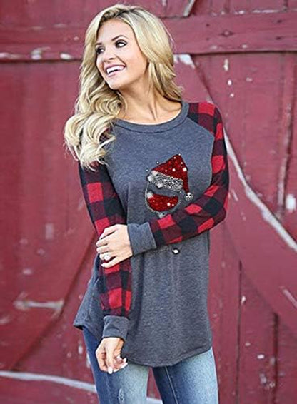 Women'S Christmas Hat Wine Glass Print Long-Sleeved Red Plaid Christmas Sweatshirt Christmas Wine Sweatshirt