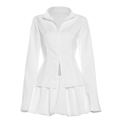 Slim Suits V-neck ZIpper Long-sleeved Top And Mini Skirt Ins Fashion