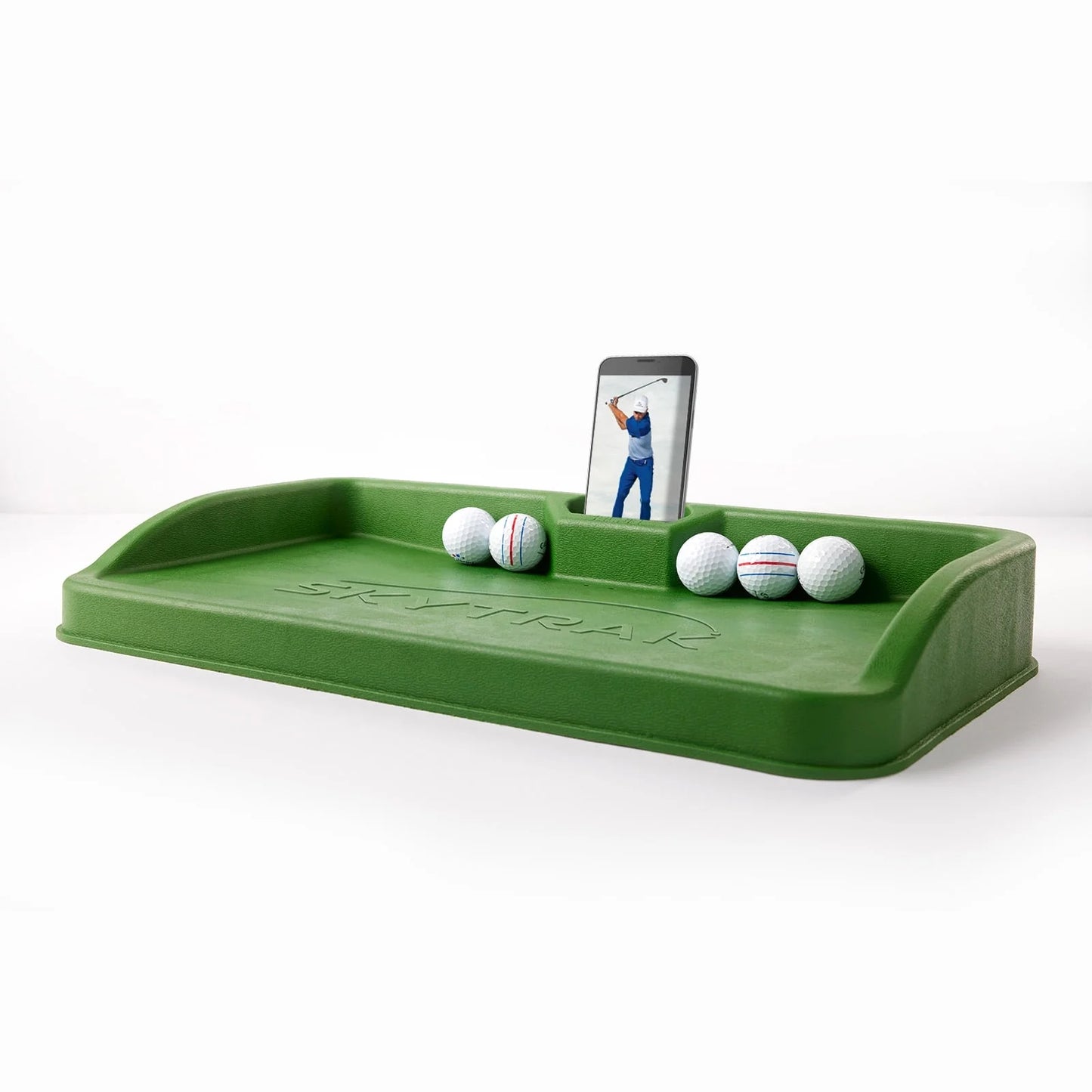 Golf Ball Tray with Cell Phone Holder for Golf Simulators, Golf Hitting Nets, and Golf Hitting Mats