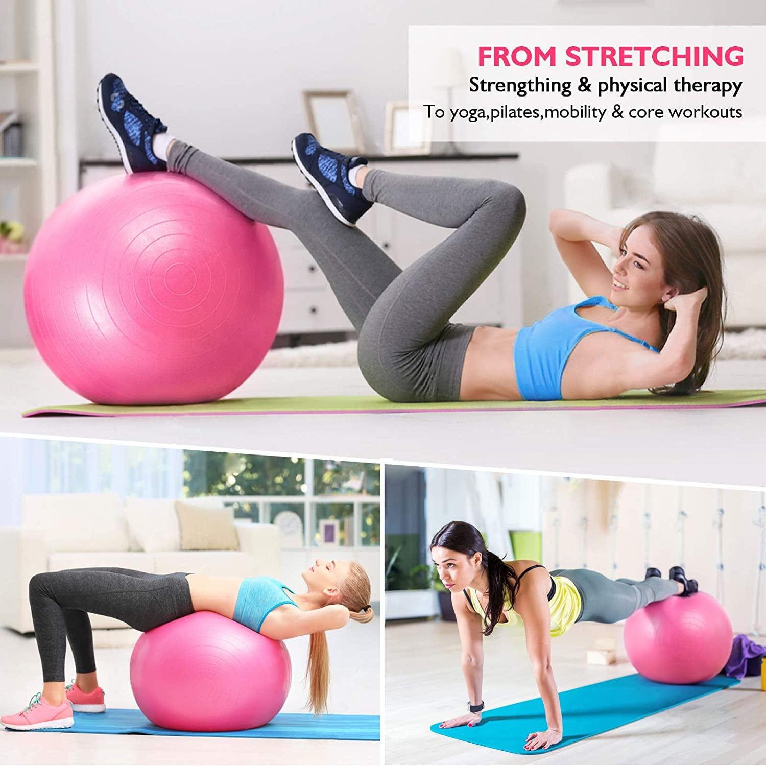 RENRANRING Exercise Ball for Yoga - 11-In-1 Yoga Ball Set with Resistance Bands, Yoga Block, Pump, Workout Balls for Exercise, Stability, Office Ball Chair, Home & Gyms (Pink)