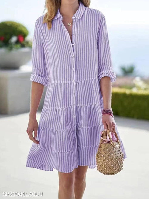 Ins Striped Long-sleeved Shirt Dress Fashion Lapel Button Dresses For
