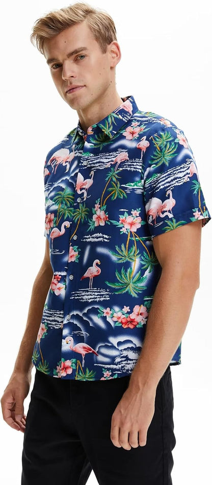 Pack Hawaiian Shirt for Men Flamingo Short Sleeve Casual Button down Shirts Summer Beach Shirt
