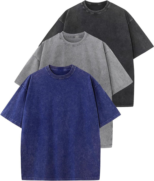 3 Pack Men Oversized T Shirts Vintage Tee Loose Fit Short Sleeve Casual Streetwear Baggy Washed Unisex Tops