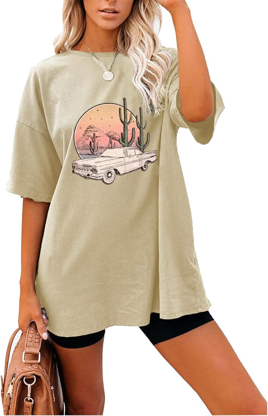 Oversized Shirt for Women Vintage Graphic Tee Loose Western Cactus Tops Beige L