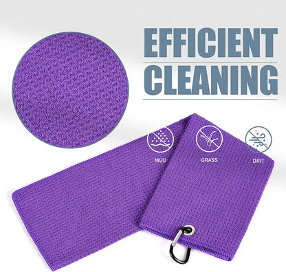 Tri-Fold Golf Towel | 16" X 24" | Premium Microfiber Fabric | Waffle Pattern | with Heavy Duty Carabiner Clip | for Men and Women (Purple)
