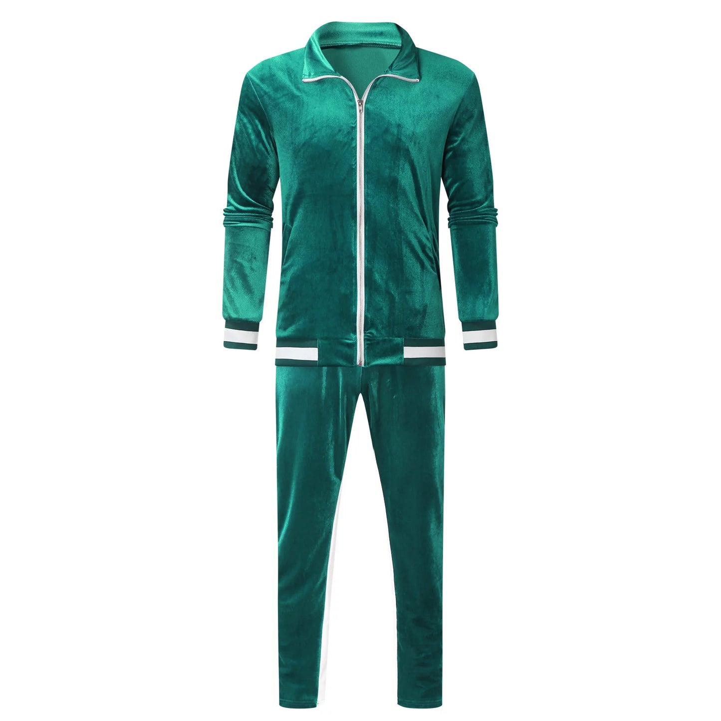 Men'S 2 Piece Sports Outfits Soft Velvet Tracksuit Color Block Casual Zip up Jacket and Sweatpant Sets
