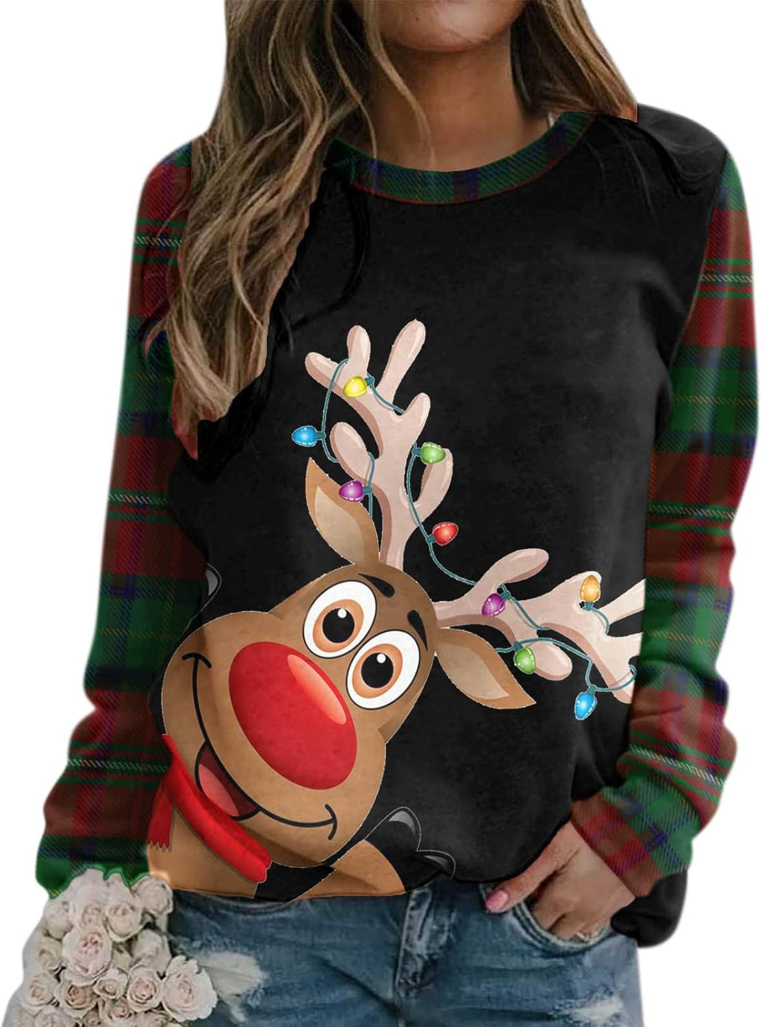 Christmas Women'S round Neck Long Sleeve Sweatshirt Plaid Print Cute Elk Casual Loose Blouse Pullover Tops Brown