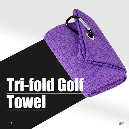 Tri-Fold Golf Towel | 16" X 24" | Premium Microfiber Fabric | Waffle Pattern | with Heavy Duty Carabiner Clip | for Men and Women (Purple)