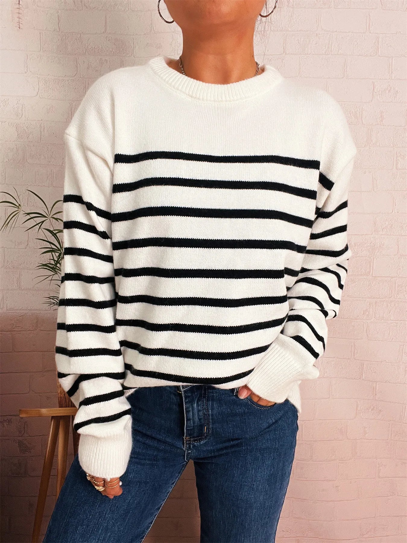 Striped Round Neck Drop Shoulder Sweater