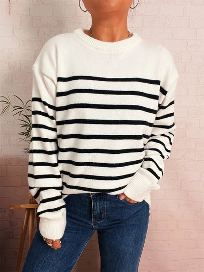Striped Round Neck Drop Shoulder Sweater