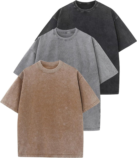 3 Pack Men Oversized T Shirts Vintage Tee Loose Fit Short Sleeve Casual Streetwear Baggy Washed Unisex Tops