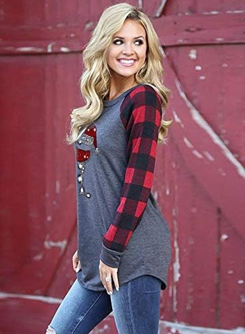 Women'S Christmas Hat Wine Glass Print Long-Sleeved Red Plaid Christmas Sweatshirt Christmas Wine Sweatshirt