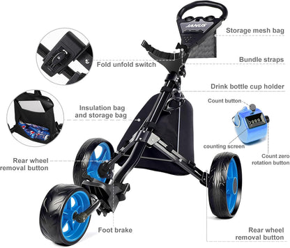 Golf Cart, Foldable Golf Push Cart, Golf Bag Cart, Fits Golf Stand Bag and Golf Cart Bags, Golf Caddy Cart with Optional Large Wing or Small Wing, Includes Ice Bag