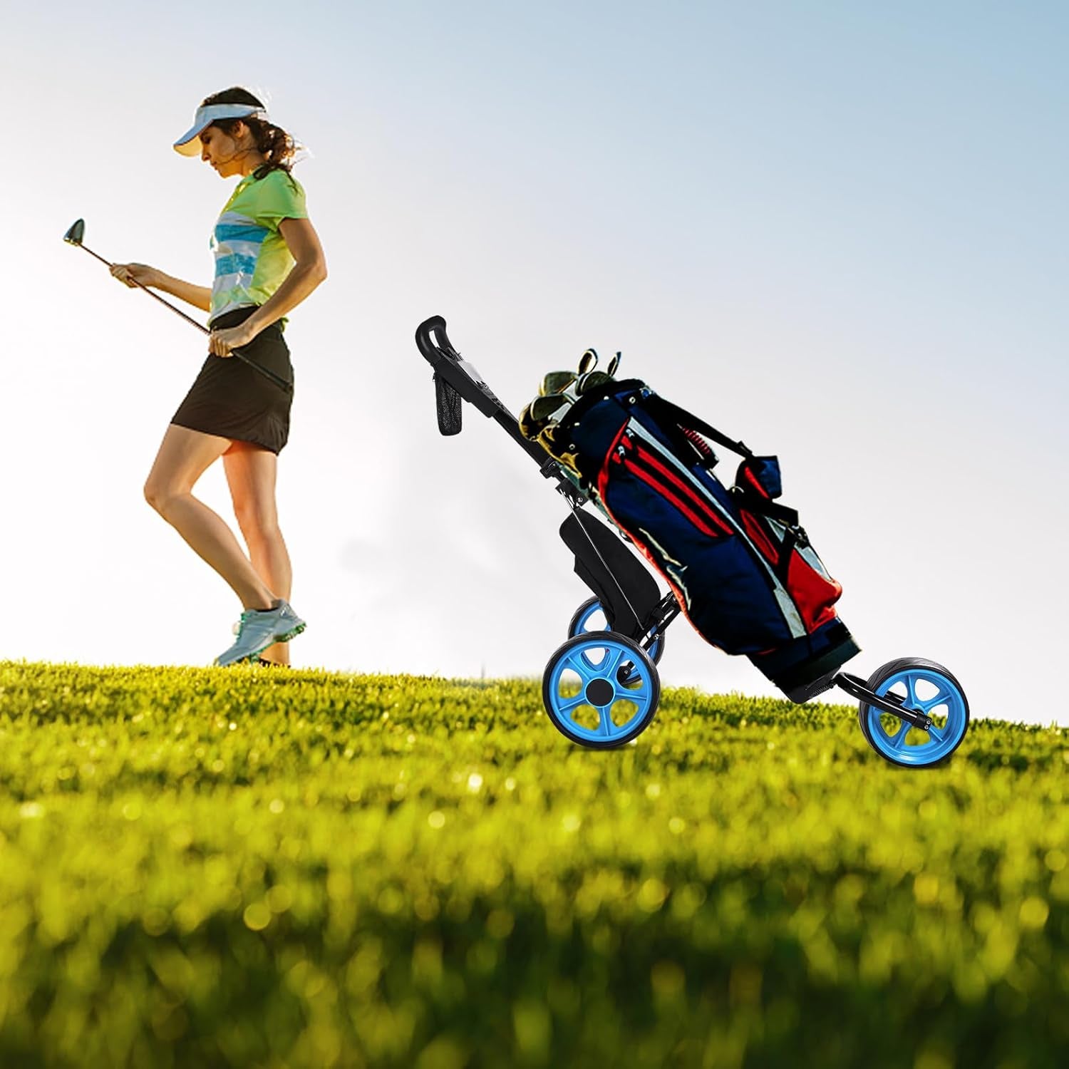 Golf Cart, Foldable Golf Push Cart, Golf Bag Cart, Fits Golf Stand Bag and Golf Cart Bags, Golf Caddy Cart with Optional Large Wing or Small Wing, Includes Ice Bag