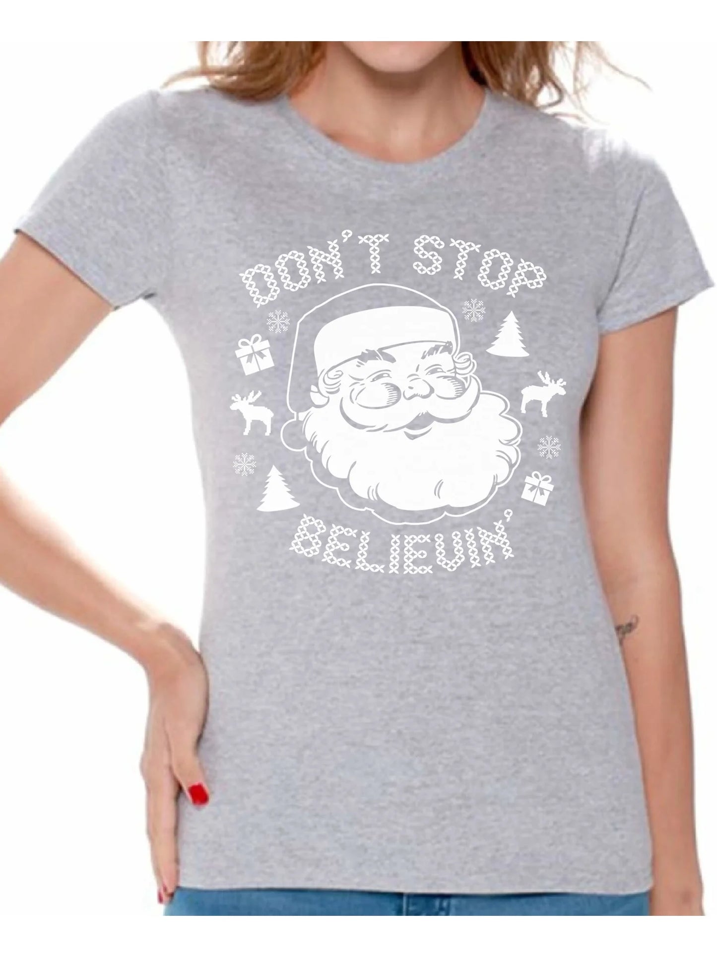 Don'T Stop Believin' Christmas Shirt Women'S Holiday Top Christmas T-Shirt Xmas Gifts Santa Claus Christmas Shirts for Women Xmas Holiday T-Shirt Don'T Stop Believin' Santa Shirt