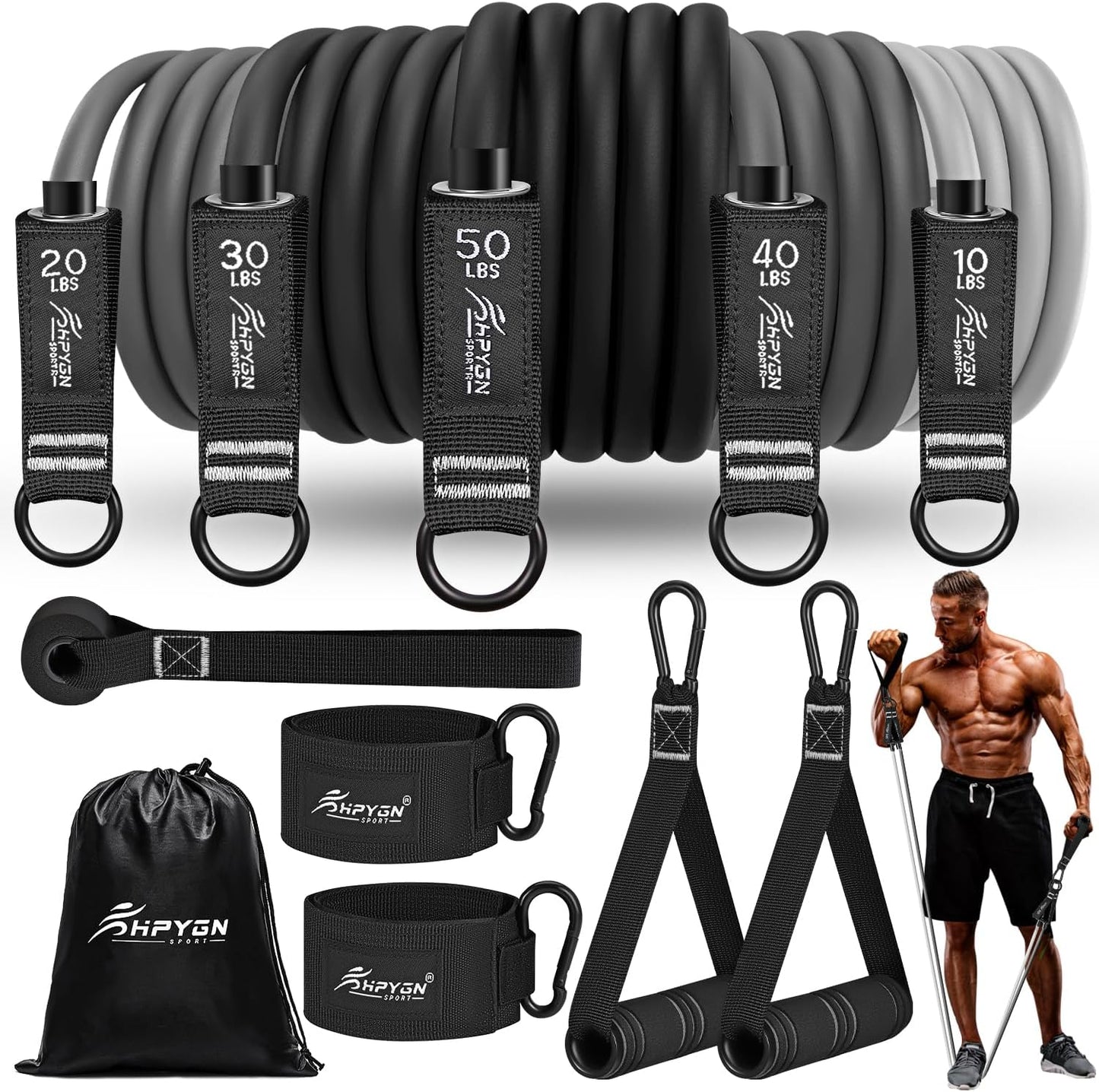 Resistance Bands, Exercise Bands with Handles, Door Anchor, Legs Ankle Straps, Fitness Tubes Resistance Set for Home Workout, Muscle Training, Yoga, Physical Therapy, Home Gym Equipment