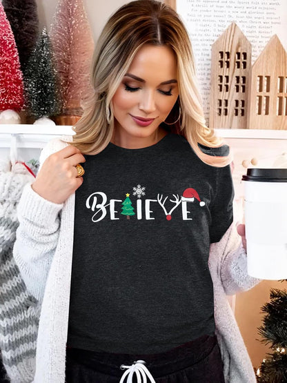 Christmas Shirt for Women Believe Letter Print T Shirts Asual Retro Holiday Short Sleeve Pullover Tops Xmas Gift