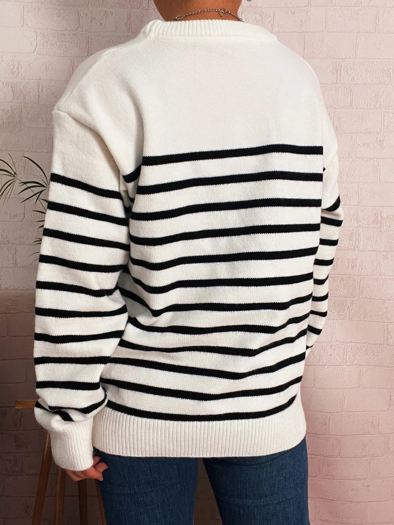 Striped Round Neck Drop Shoulder Sweater