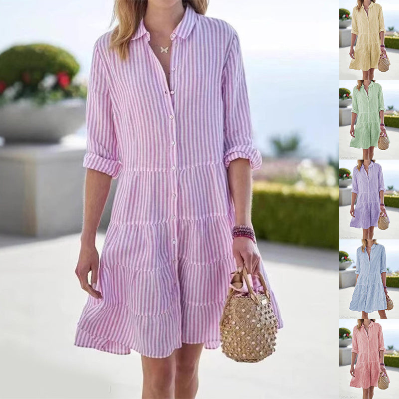 Ins Striped Long-sleeved Shirt Dress Fashion Lapel Button Dresses For