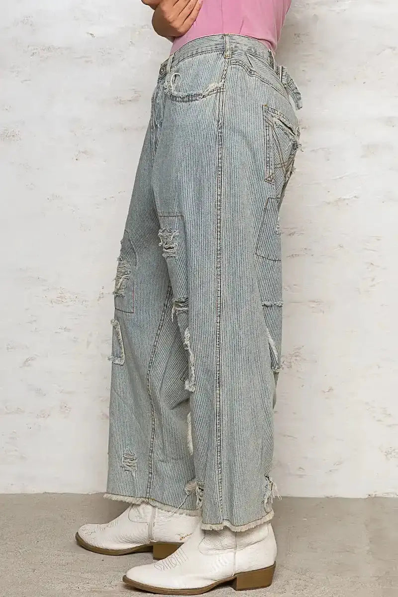POL Distressed Raw Hem Wide Leg Pants