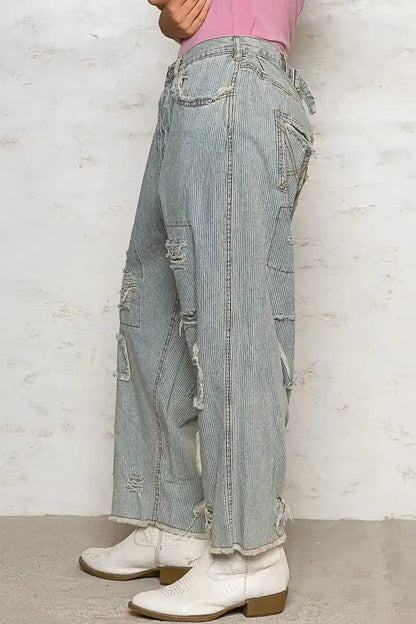 POL Distressed Raw Hem Wide Leg Pants
