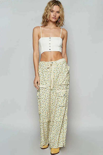 POL Floral Cargo Wide Leg Pants with Lace Drawstring