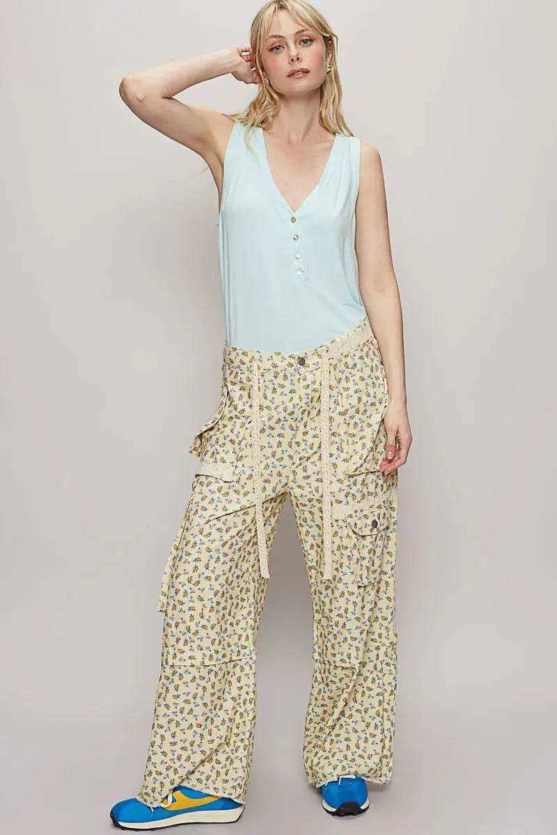 POL Floral Cargo Wide Leg Pants with Lace Drawstring