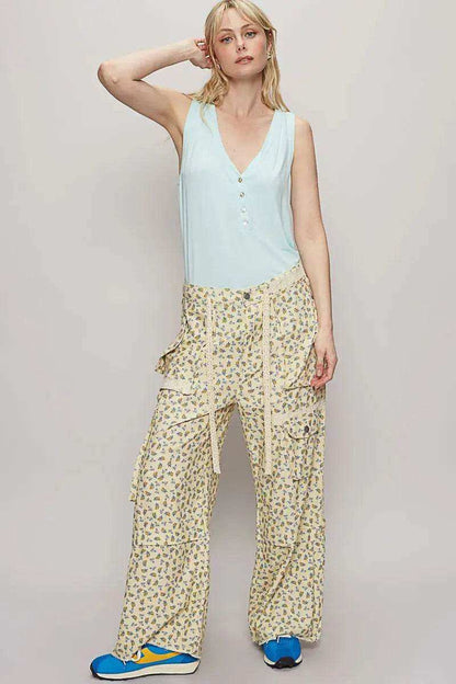 POL Floral Cargo Wide Leg Pants with Lace Drawstring