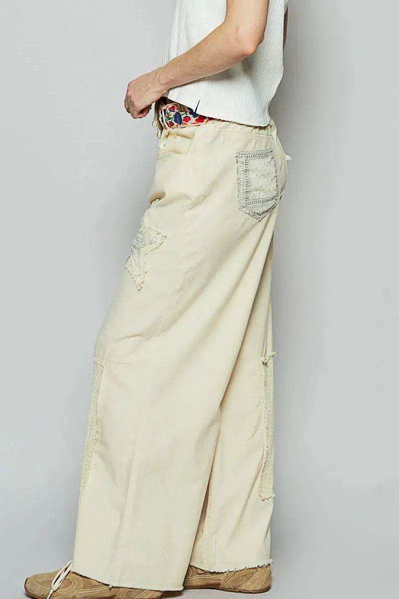 POL Raw Hem Star Patch Wide leg Pants