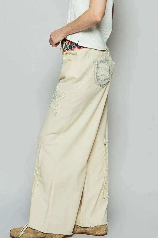 POL Raw Hem Star Patch Wide leg Pants