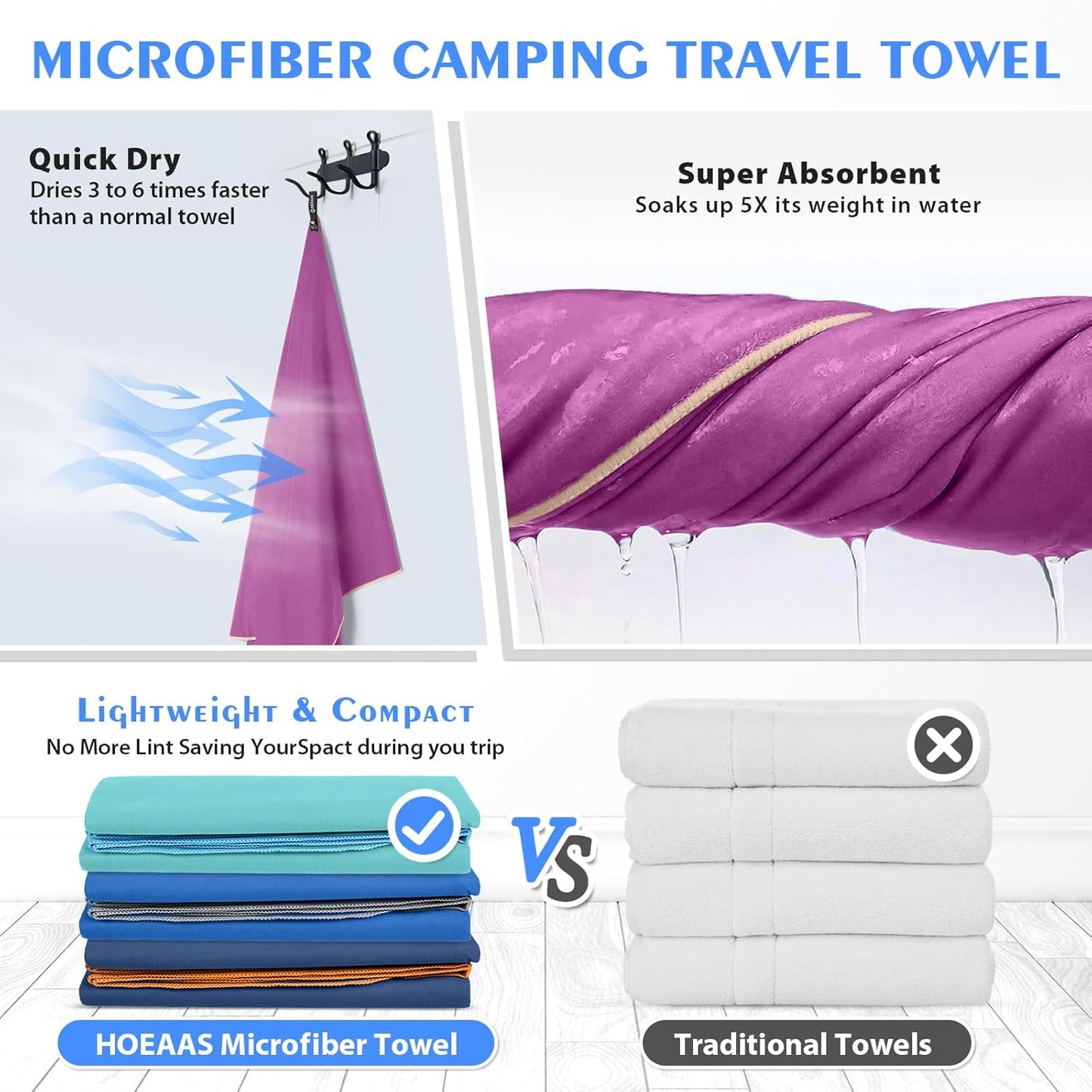 2 Pack Microfiber Camping Towels, Quick Dry Towel, Super Absorbent Ultra Compact Travel Towel Soft Lightweight Sports Towel for Sweat Fast Drying Towels for Pool,Gym,Hiking,Backpacking,Fitness