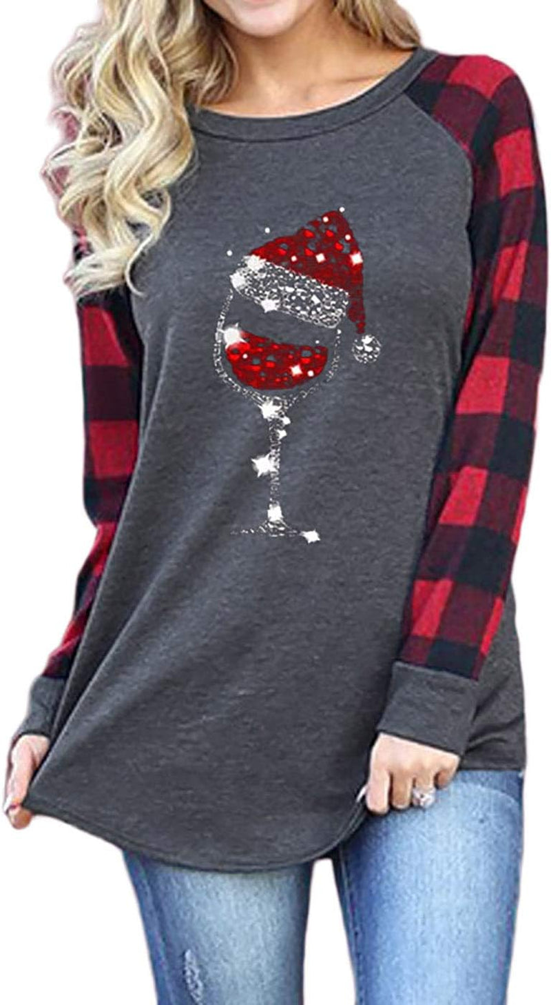 Women'S Christmas Hat Wine Glass Print Long-Sleeved Red Plaid Christmas Sweatshirt Christmas Wine Sweatshirt
