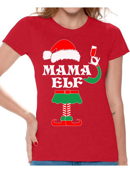 Mama Elf Shirt Elf Christmas Shirts for Women Elf Christmas T-Shirt Christmas Elf Shirt Women'S Holiday Top Funny Elf Tacky Christmas Party Christmas Holiday Shirt