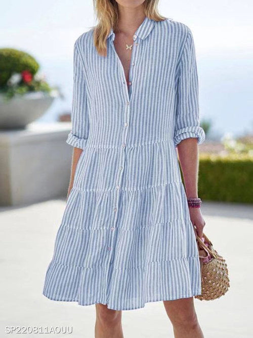 Ins Striped Long-sleeved Shirt Dress Fashion Lapel Button Dresses For
