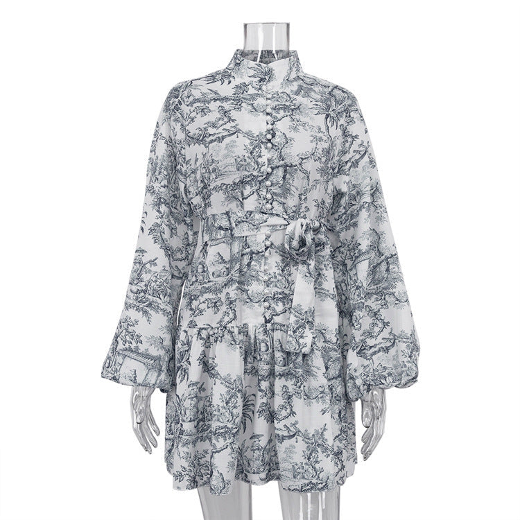 Ink Print Long Sleeve Short Dress With Fashion Puffy Sleeve Lapel Tie