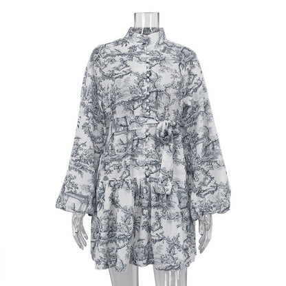 Ink Print Long Sleeve Short Dress With Fashion Puffy Sleeve Lapel Tie