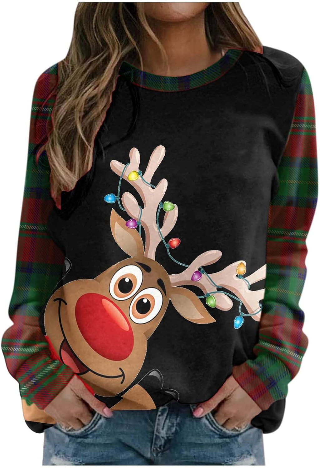 Christmas Women'S round Neck Long Sleeve Sweatshirt Plaid Print Cute Elk Casual Loose Blouse Pullover Tops Brown