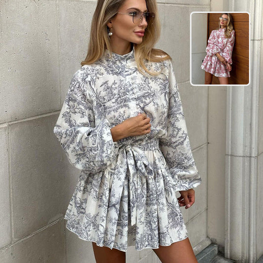 Ink Print Long Sleeve Short Dress With Fashion Puffy Sleeve Lapel Tie
