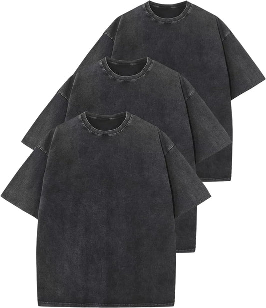 3 Pack Men Oversized T Shirts Vintage Tee Loose Fit Short Sleeve Casual Streetwear Baggy Washed Unisex Tops