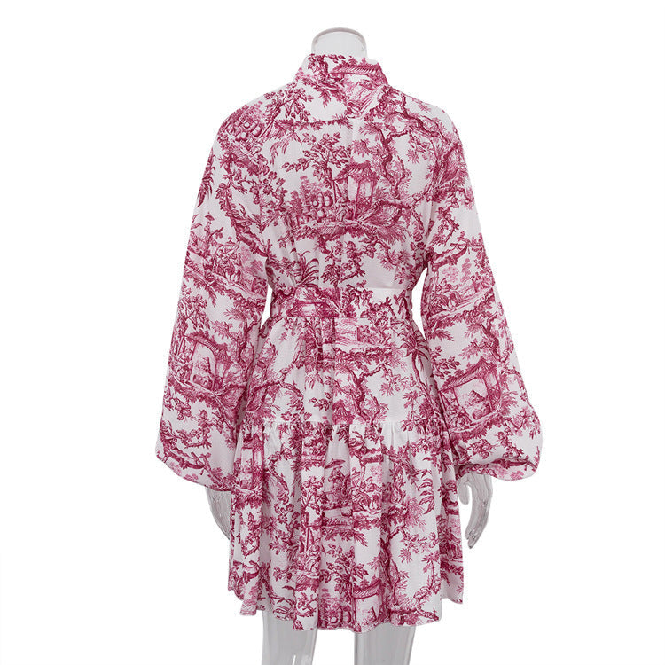 Ink Print Long Sleeve Short Dress With Fashion Puffy Sleeve Lapel Tie