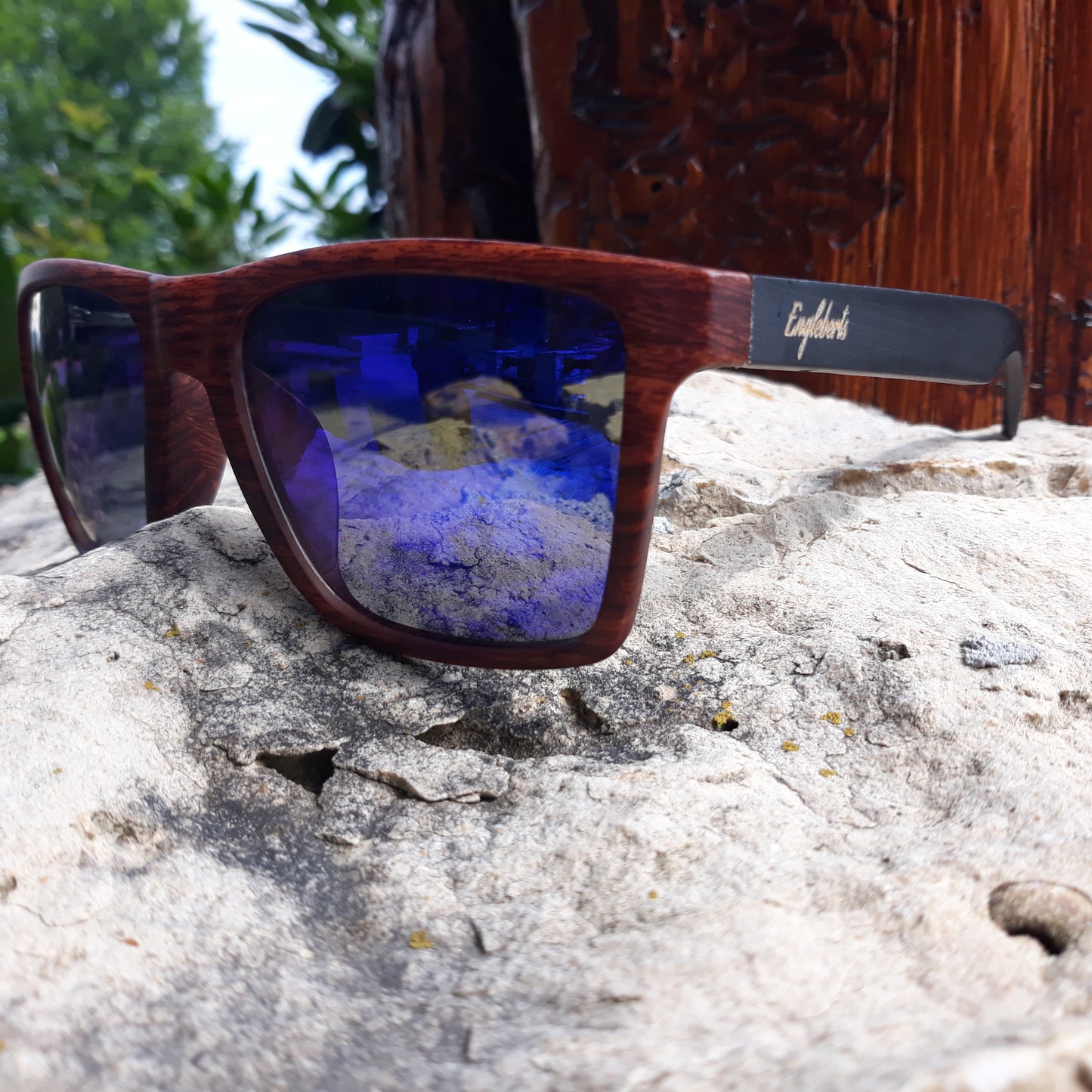 Oak Colored Frames, Bamboo Sunglasses, Blue Polarized Lenses 