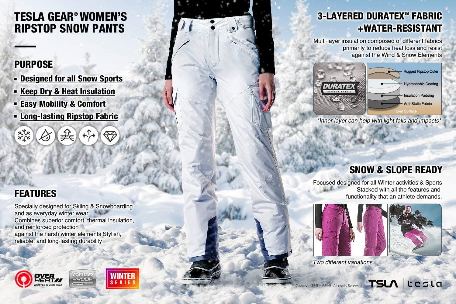 Women'S Winter Snow Pants, Waterproof Insulated Ski Pants, Ripstop Snowboard Bottoms