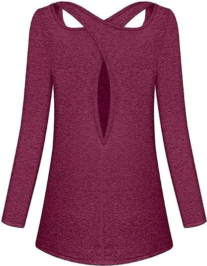 Woman’S Yoga Tops Criss Cross Open Back Long Sleeve Shirts Dry Fit Basic Shirt for Exercising Tunic Activewear Top Lavender Purple