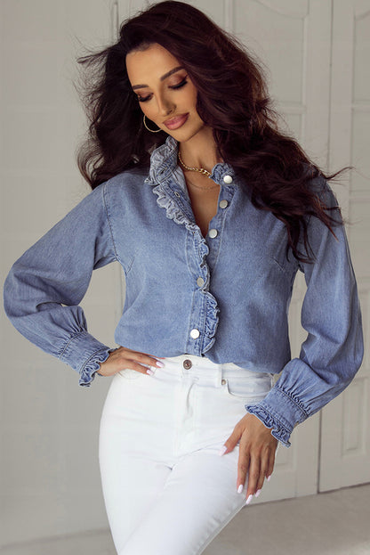 Beau Blue Ruffled Long Sleeve Denim Shirt