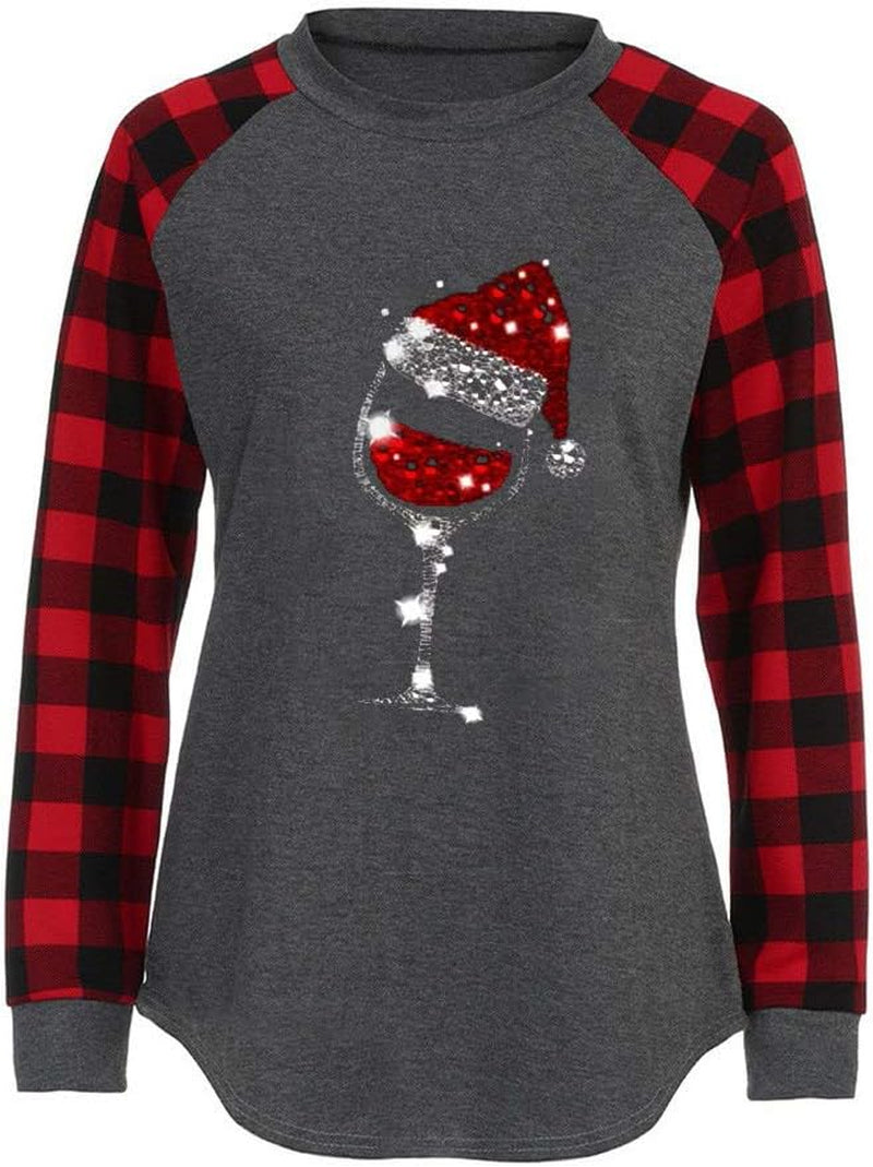 Women'S Christmas Hat Wine Glass Print Long-Sleeved Red Plaid Christmas Sweatshirt Christmas Wine Sweatshirt
